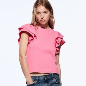 Zara Ruffle Flutter Sleeve Top- Bubblegum Pink- Large